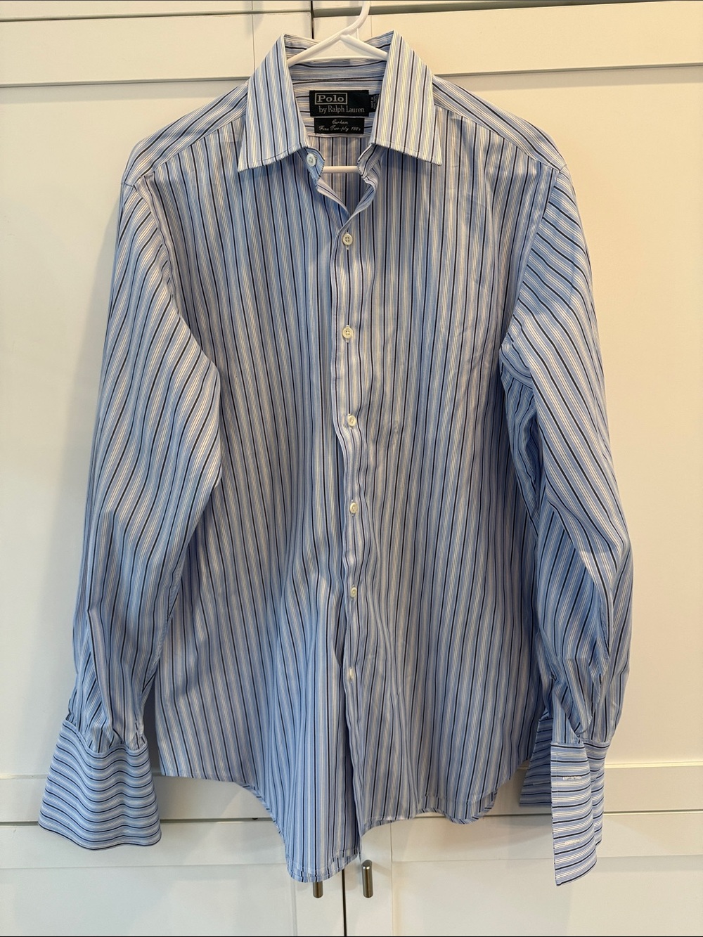 Polo Ralph Lauren Blue Striped Dress Shirt French Cuff Fine Two Ply 100% Cotton
